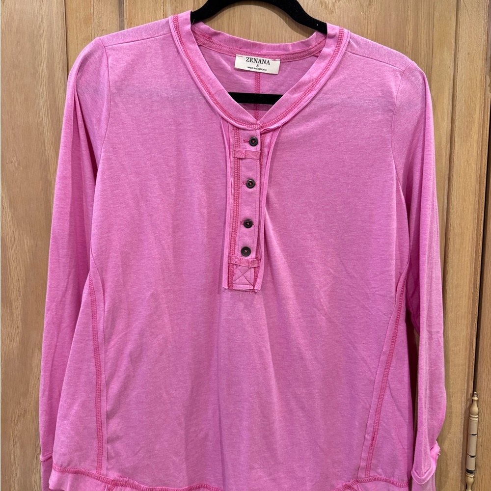 Zenana Outfitters Pink Long Sleeve Henley Tee